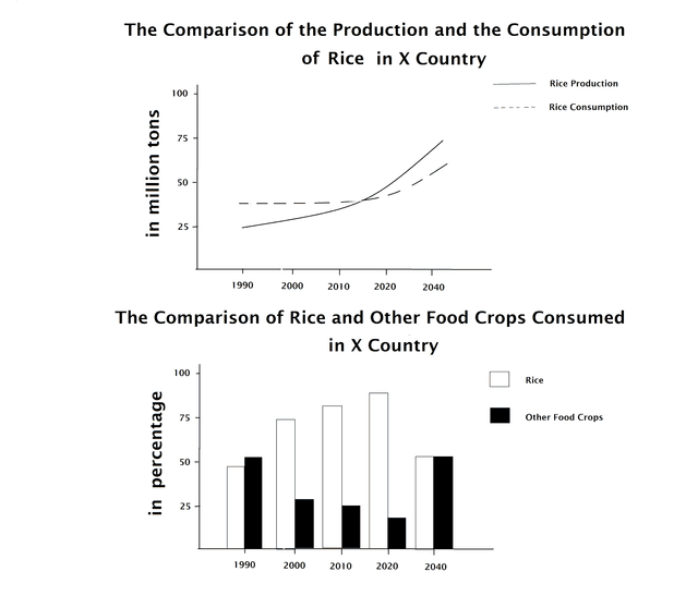 the line graph compares x country's domestic production and consumption of rice in forty years starting from 1990, while the bar graph compares the consumption of rice and other staples. units are measured in million tons.