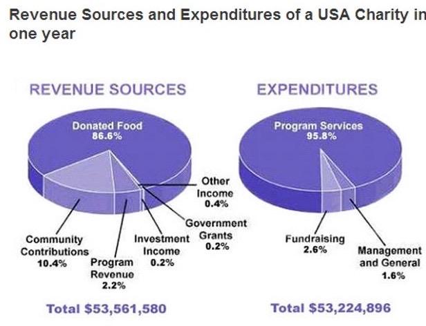 The pie charts show the revenue sources and expenditure of a children’s charity in the USA in one year.