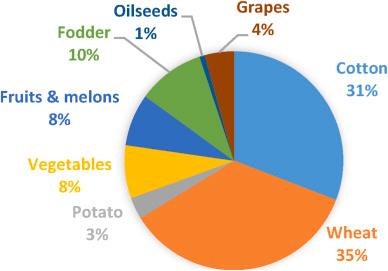 The pie charts give information about 4 different products (Cotton,Wheat,Vegetable,Fruit)which exported in Uzbekistan between 2012 and 2018.