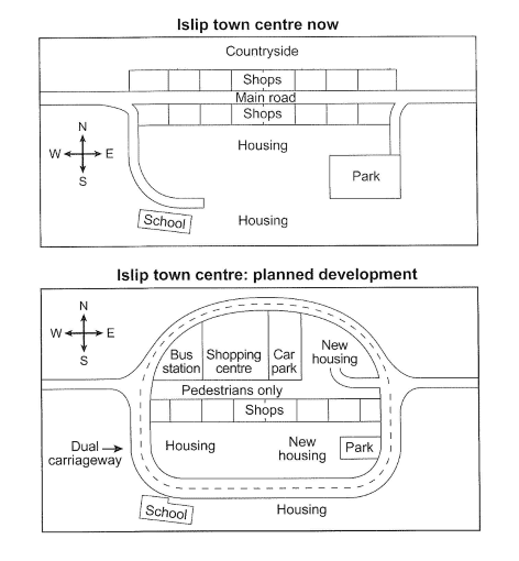 The maps below show the center of a small town called Islip as it is now, plans for its development. Summarize the information by selecting and reporting the main features, make comparisons where relevant.