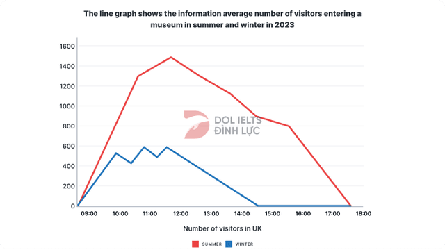 The line graph shows the information average number of visitors entering a museum in summer and winter in 2005.