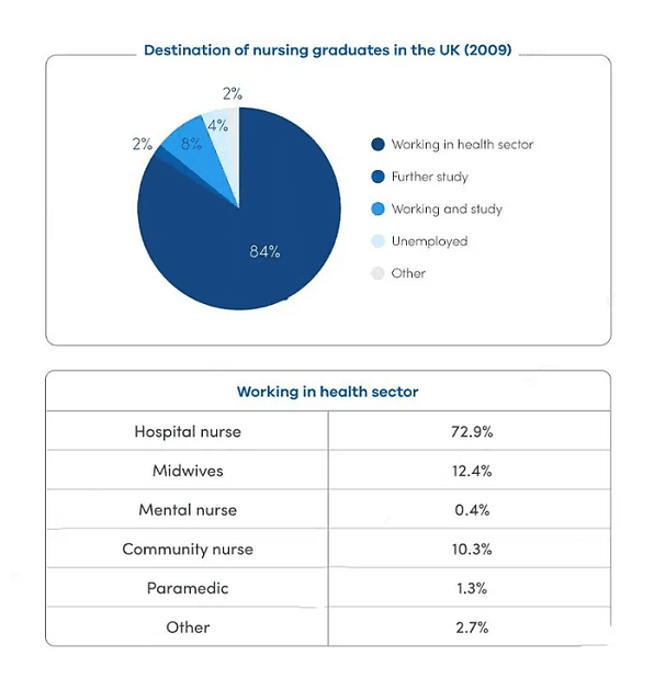 The chart and table below give information about what nursing graduates did after finishing their course in the UK in 2009. Summarise the information by selecting and reporting the main features, and make comparisons where relevant.