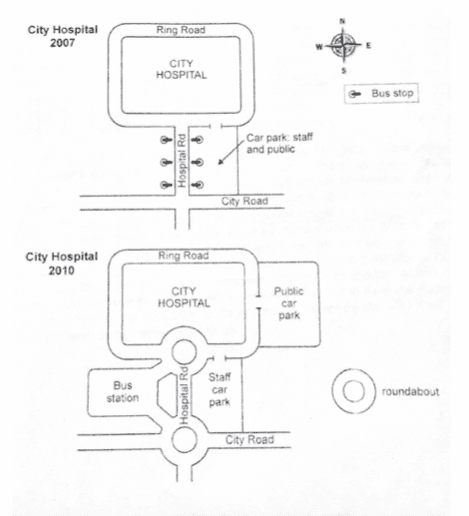 The two maps below show road access to a city hospital in 2007 and in 2010.

 Summarise the information by seleting and reporting the main features, and make comparisons where relevant.