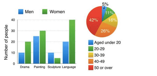 The bar chart below shows the numbers of men and women attending various evening courses at an adult education centre in 2009. The pie chart gives information about the ages of these course participants