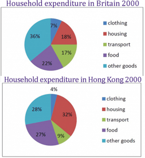 The pie charts below show average household expanditure in Hong Kong and Britain in the year 2000.