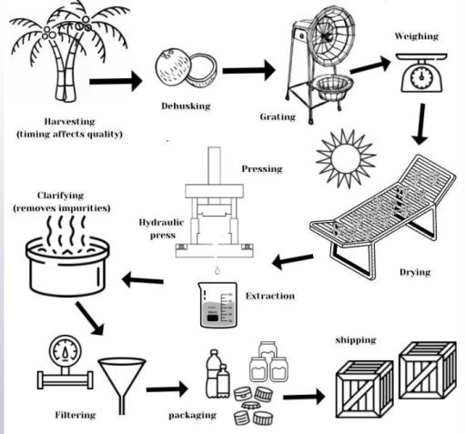 The process diagram shows the mass manufacturing of coconut oil. Summarise the information by selecting and reporting the main features and make comparisons where relevant.