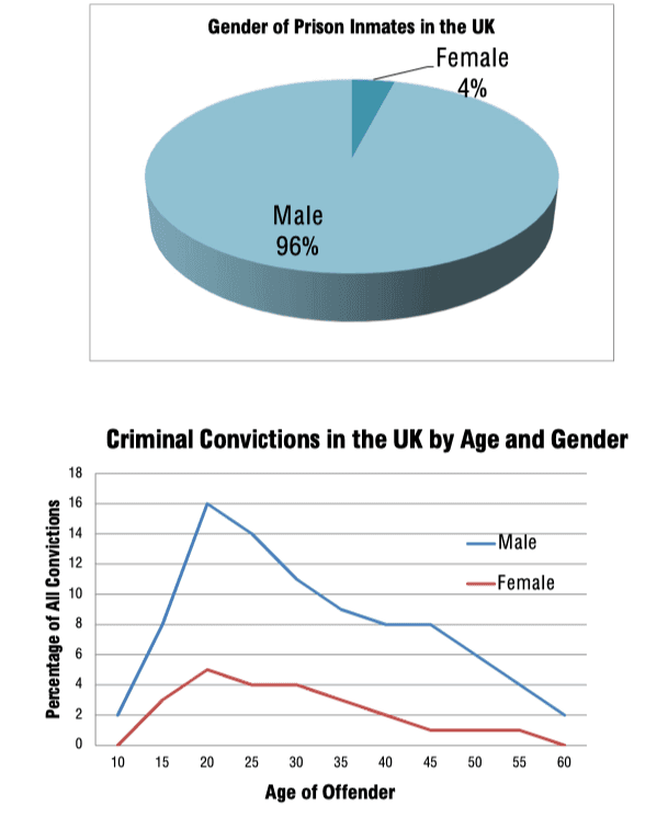 The line graph and pie chart below show information on crime in the UK for the last year. Summarize the information by selecting and reporting the main features, and make comparisons where relevant