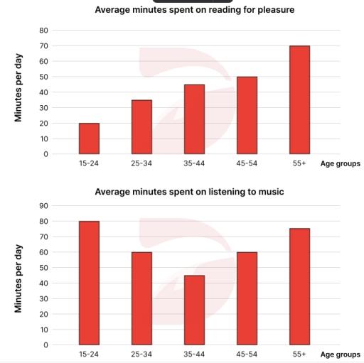 The graphs illustrate the average amount of time per day spent on popular leisure activities for different age groups in New Zealand.Provide an overview of the information by identifying and describing the key details, and include comparisons where appropriate.