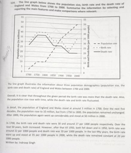 The line graph below shows the population size, birth rate and the death rate of England and Wales from 1700 to 2000. Summaries the information by selecting and reporting the main features and make comparisons where relevant.