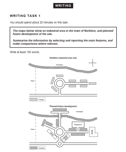 The maps below show an industrial area in the town of Norbiton, and planned future development of the site.

Summarise the information by selecting and reporting the main features, and make comparisons where relevant