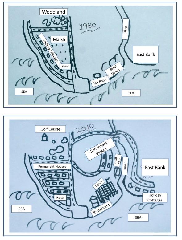 The diagrams below show the coastal village of Seaville in 1980 and 2010. Summarise the information by selecting and reporting the main features and make comparisons where relevant. Write at least 150 words.