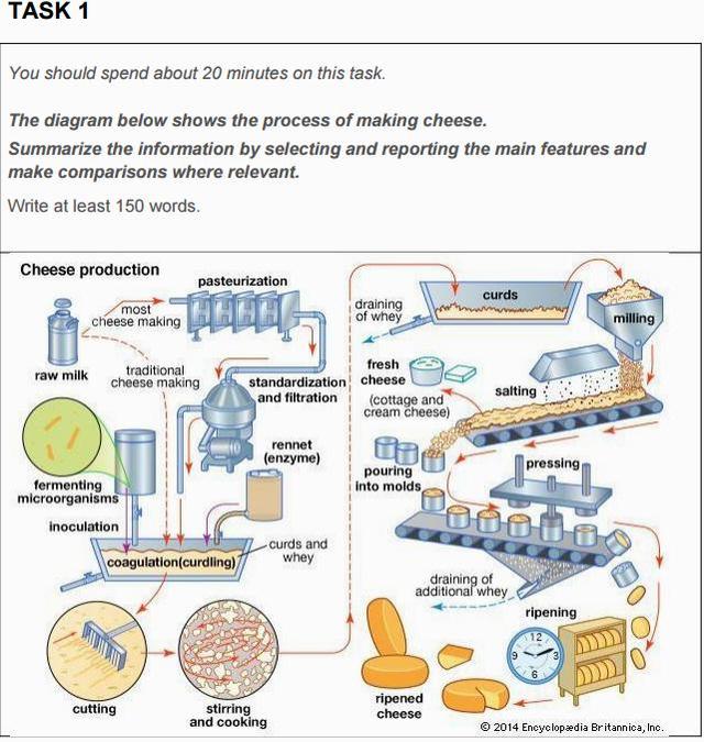 The diagram below shows how cheese is made.

Write a report for a university, lecturer describing the information shown below.

Summarise the information by selecting and reporting the main features and make comparisons where relevant.

You should write at least 150 words.