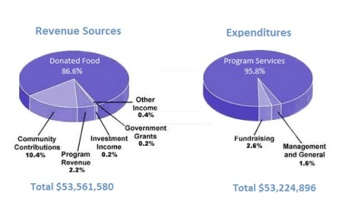 The pie charts show the revenue sources and expenditure of a children’s charity in the USA in one year.