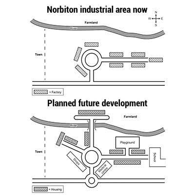 The maps below show an industrial area in the town of Norbiton and planned future development of the site. Summarise the information by selecting and reporting the main features. SA