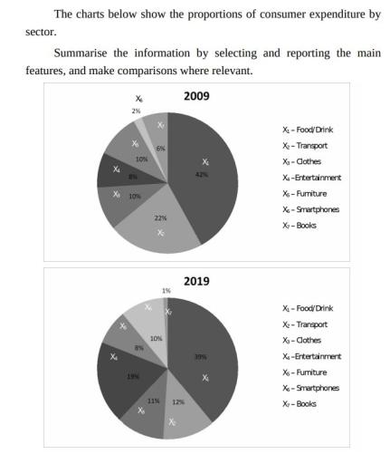 The charts below show the proportions of consumer expenditure by sector.

Summarise the information by selecting and reporting the main features, and make comparisons where relevant.