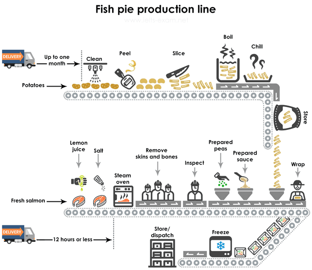 Fish pie production line

The  diagrams give information about the manufacture of frozen fish pies.

Summarise the information by selecting and reporting the main features, and make comparisons where relevant.