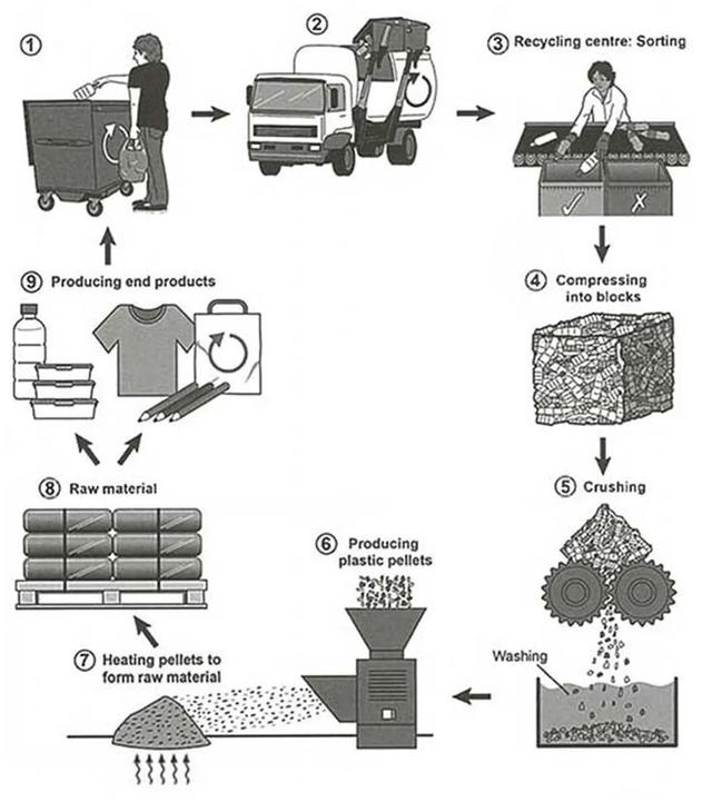 The diagram below shows the process of recycling plastic bottles.