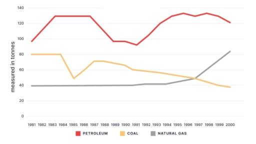 The graph represents the levels of production for primary fuels in a European nation from the year 1981 to 2000.