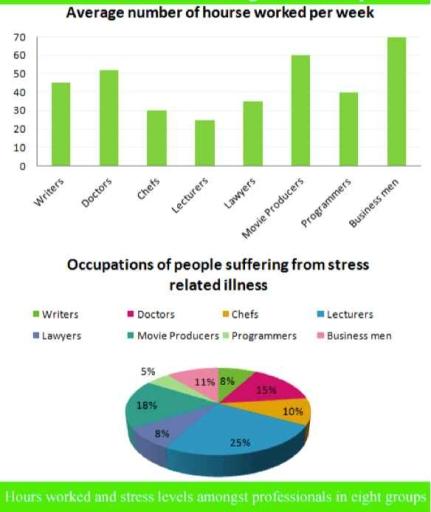 The graphs show figures relating to hours worked and stress level amongs professionals in eight groups. Describe the information shown to a university or coollage lecurer