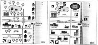 The maps show changes that took place in Youngsville in New Zealand over a 25-year period from 1980 to 2005. Summarise the information by selecting and reporting the main features and make comparisons where relevant