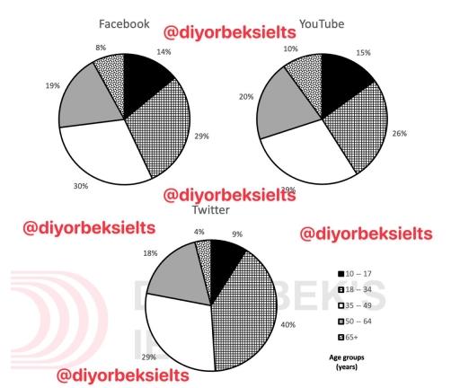 The pie charts compare the percentage of users across different age groups on Twitter, Facebook, and YouTube.