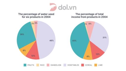 The first chart shows the percentage of water used for six products in 2004.The second chart illustrates the percentage of total income from products in 2004