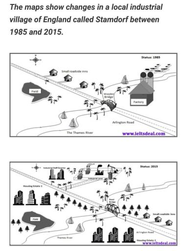 The maps show changes in the local industrial village in England called Stamdorf between 1985 and 2015.