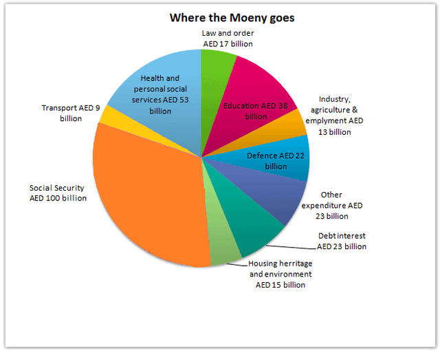 The pie chart gives information on UAE government spending in 2000. The total budget was AED 315 billion. Summarize the information by selecting and reporting the main features, and make comparisons where relevant.