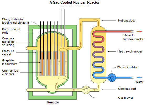 The diagram below shows how uranium is used in the production of nuclear power.

Summarise the information by selecting and reporting the main features, and make comparisons where relevant.