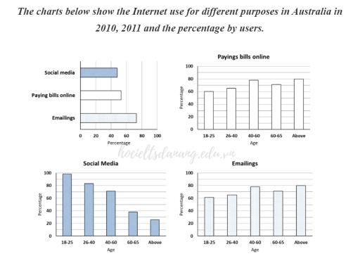 The charts below show internet use for different purposes in Australia in 2010 and 2011 and the percentage by user age.