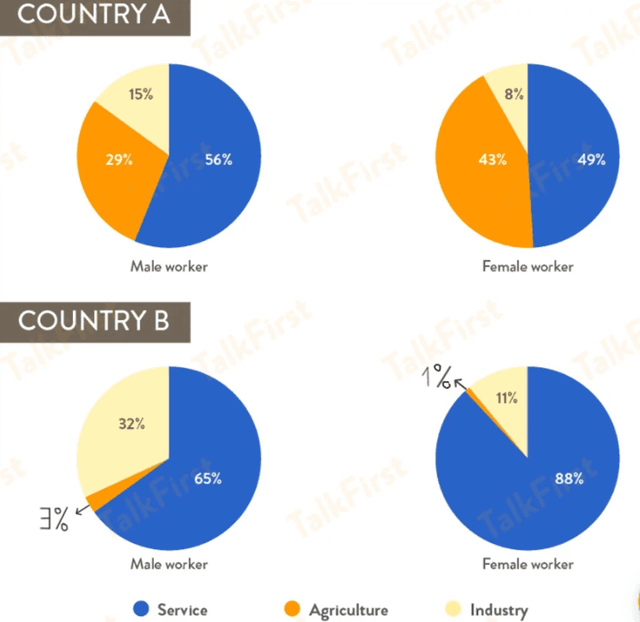 The charts below show the percentage of male and female workers in country A and country B. Summarize the information by selecting and reporting the main features and make comparisons where relevant.