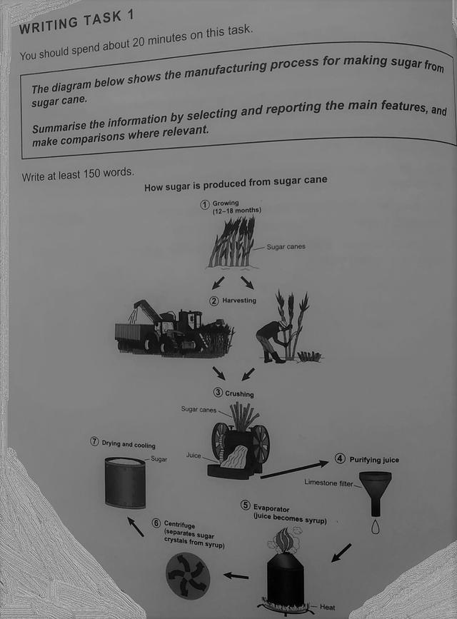 The diagram below shows the manufacturing process for making sugar from sugar cane.

Summarise the information by selecting and reporting the main features, and make comparisons where rolovant.

Write at least 150 words.