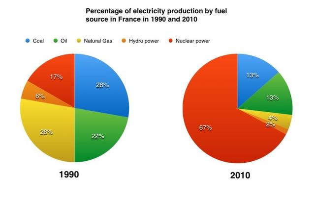 The pie charts below show the percentage of electricity production by the fuel source in France in 1990 and 2010.