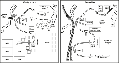 The two maps below show the changes that have taken place in the town of Westley since 1815. Summarise the information by selecting and reporting the main features, and make comparisons where relevant. You should  The two maps show the transformation of Westley town from 1815 to present day.