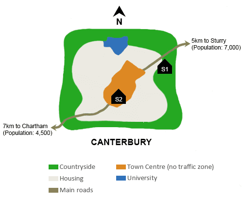 The map below is of the town of Canterbury. A new school(s) is planned for the area. The map shows two possible sites for the school.