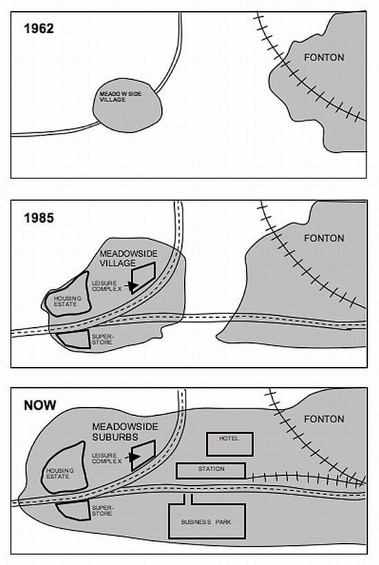 The maps below show the changes that have taken place in Meadowside village and Fonton, a neighbouring town, since 1962. Umar