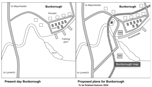 The two maps below show the village of Bunborough in the present day and plans for the village in 2024.

Summarise the information by selecting and reporting the main features and make comparisons where relevant.

Write at least 150 words.

Bunborough map