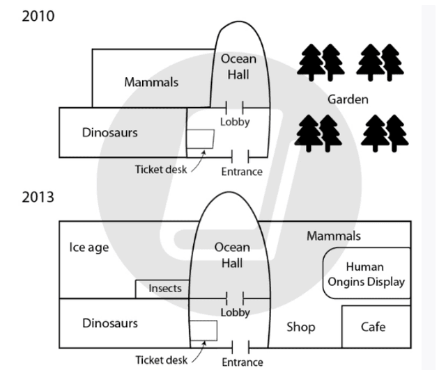 The map below shows the development of the museum between 2010 and 2013. Summarize the information by selecting and reporting the main features, and make comparisons where relevant.