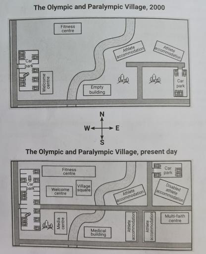 The two maps below show an olympic and paraolympic village in 2000 and the same village today

 Summerise the information by selecting and reporting the main features, and make comparisons where revelant