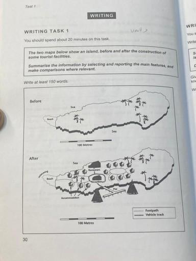 The two maps below show an island, before and after the construction of some tourist facilities. 

Summarise the information by selecting and reporting the main features, and make comparisons where relevant.