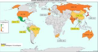 The map and chart below show the information for the global willingness to eat insect products and the current price for certain food available on the market place. Write a report for a university, lecturer describing the information shown below. Summarise the information by selecting and reporting the main features and make comparisons where relevant.