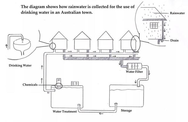 The diagram below shows how rainwater is collected for the use of drinking water in an Australian town.