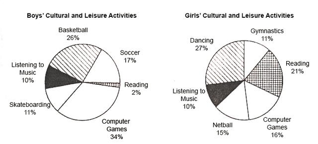 The pie graphs below show the result of a survey of children's activities. The first graph shows the cultural and leisure activities that boys participate in, whereas the second graph shows the activities in which the girls participate. Summarize the information by selecting and reporting the main features and make comparisons where relevant