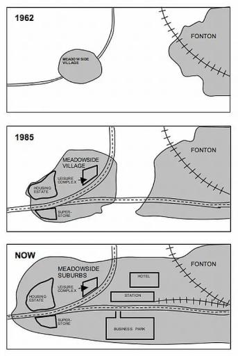 The map below shows the changes that have taken place in Meadowside village and Fronton, a neighboring town, since 1962. Report the main features and make comparisions if relevant.