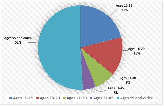 The pie chart illustrates the number of people who visited movie theaters in the year 2000 according to their age groups.