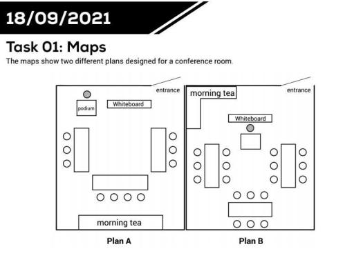 The maps show two different plans designed for a conference room. Summarise the information by selecting and reporting the main features, and make comparisons where relevant.