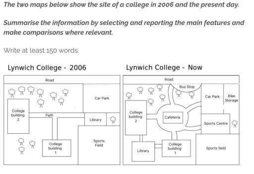 The two maps below show the site of a college in 2006 and the present day.

Summarise the information by selecting and reporting the main features and make comparisons where relevant.

Write at least 150 words.