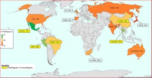 The map and chart below show the information for the global willingness to eat insect products