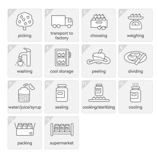 The diagram describes the production of canned fruits. Summarize the information by selecting and reporting the main features, and make comparisons where relevant.