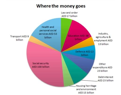The pie chart gives information on UAE government spending in 2000. The total budget was AED 315 billion. Summarise the information by selecting and reporting the main features, and make comparisons where relevant.
